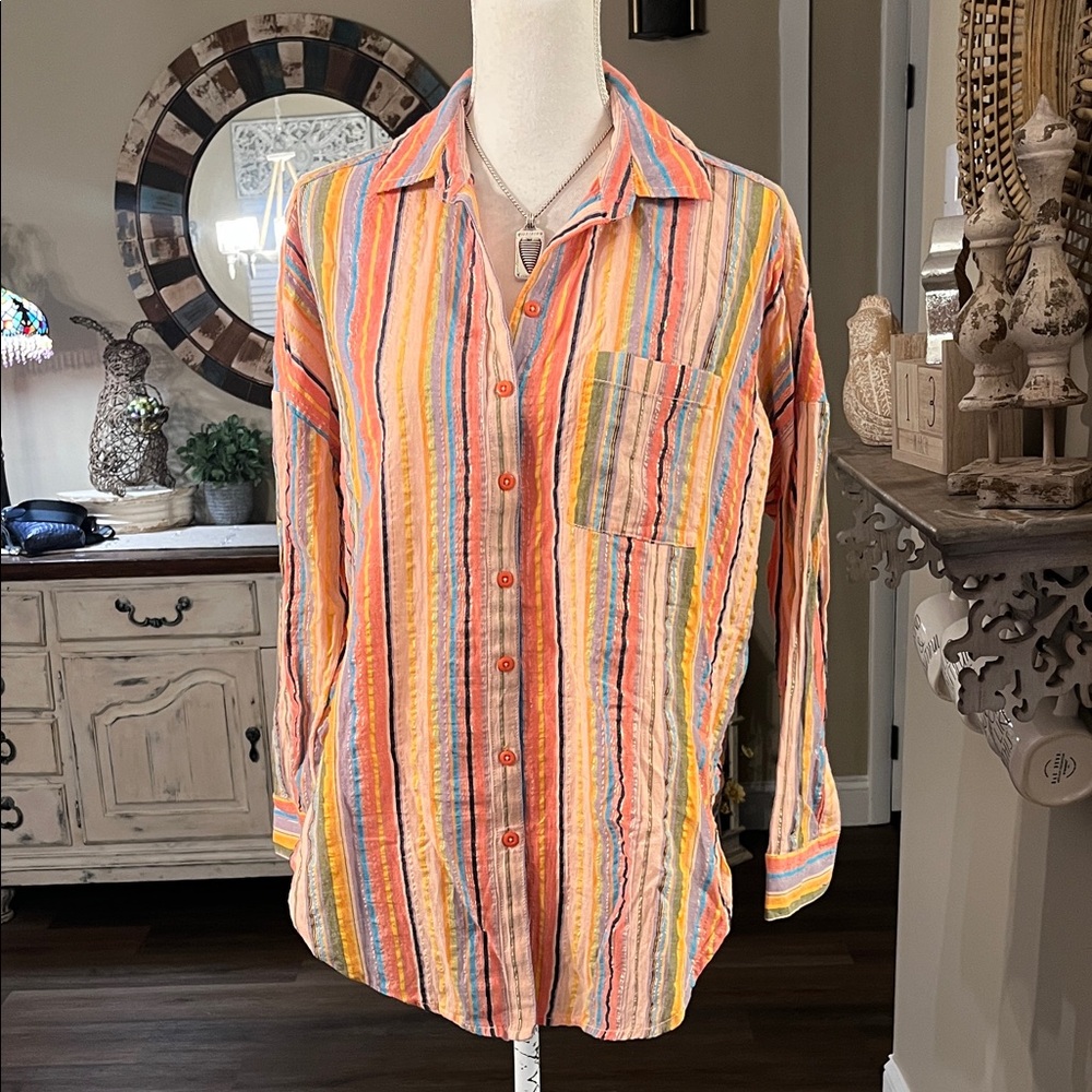 Pilcro Multi-Stripe Button-Up Shirt - Coral, Yellow & Blue